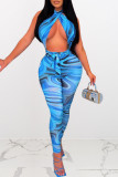 Blauwe sexy halter jumpsuits met patchworkprint en regular-fit pasvorm