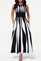 Schwarz-weißes, modisches, lässiges Patchwork-Kleid mit O-Ausschnitt und ärmellosem Print