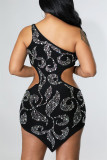 Svart sexigt lapptäcke Hot Drilling urholkat rygglös en axel oregelbunden klänning klänningar