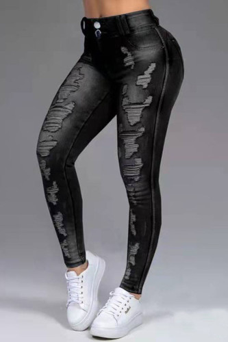 Black Fashion Casual Solid Ripped Split Joint High Waist Skinny Denim Jeans