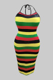 Multicolor Fashion Sexy Plus Size Striped Print Bandage Backless Halfter Sling Dress