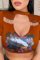 Camisetas con cuello en O ahuecadas con estampado sexy de color caqui