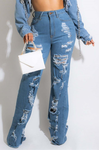 Cowboyblå Mode Casual Solid Ripped Patchwork Vanliga jeans med hög midja