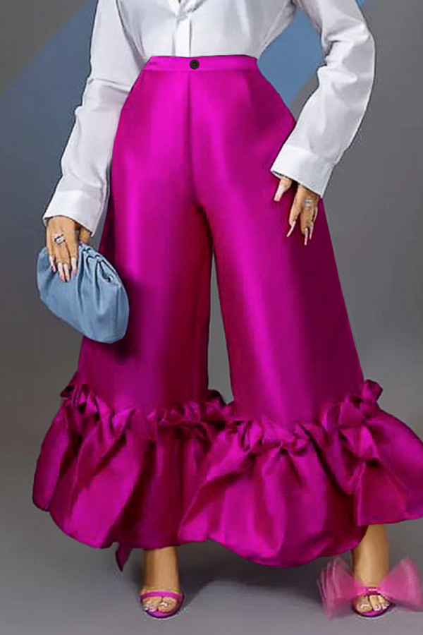 Розово-красный модный повседневный лоскутный волан с прямой высокой талией и широкими штанинами, однотонные плавки