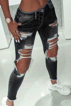 Black Fashion Casual Solid Low Waist Distressed Ripped Skinny Denim Jeans