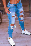 Baby Blue Fashion Casual Solid Low Waist Skinny Distressed Ripped Denim Jeans