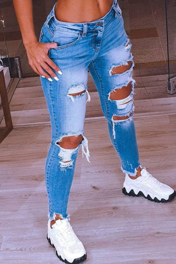 Donkerblauwe, casual, effen gescheurde skinny jeans met lage taille en lage taille