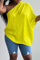 Gele mode effen patchwork T-shirts met één schouder