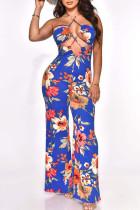 Blue Casual Vacation Print Hollowed Out Patchwork Halter Straight Jumpsuits
