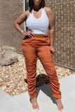 Pantalon marron taille haute décontracté uni à plis réguliers