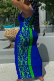 Синее модное сексуальное платье с жилетом больших размеров с принтом и U-образным вырезом