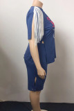 Deep Blue Street Print Tassel Hollowed Out Split Joint V Neck Plus Size Two Pieces
