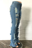 I jeans denim regolari a vita alta patchwork strappati solidi alla moda blu da cowboy