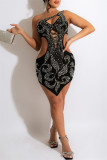 Zwart sexy patchwork heet boren uitgehold backless een schouder onregelmatige jurk jurken