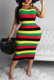 Multicolor Fashion Sexy Plus Size Striped Print Bandage Backless Halfter Sling Dress