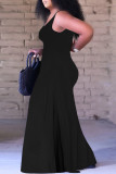 Black Fashion Casual Solid Patchwork V Neck Plus Size Jumpsuits