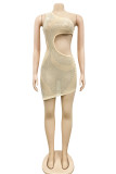 Apricot Sexy Patchwork Hot Drilling See-through Backless One Shoulder Sleeveless Dress