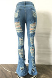Cowboyblå Mode Casual Solid Ripped Patchwork Vanliga jeans med hög midja