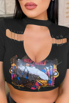 Camisetas con cuello en O ahuecadas con estampado sexy negro