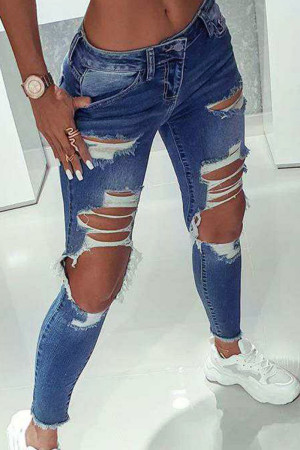 Dark Blue Fashion Casual Solid Low Waist Distressed Ripped Skinny Denim Jeans