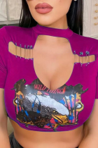 Camisetas con cuello en O ahuecadas con estampado sexy fucsia
