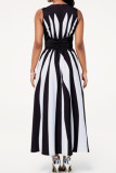 ブラック ホワイト ファッション カジュアル プリント パッチワーク O ネック ノースリーブ ドレス