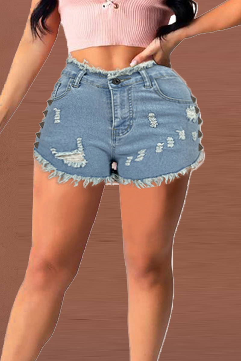 Casual Solid Ripped Mid Waist Skinny Denim Shorts