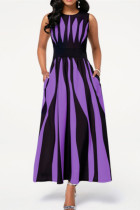 Schwarz-lila, modisches, lässiges Patchwork-Kleid mit O-Ausschnitt und ärmellosem Print