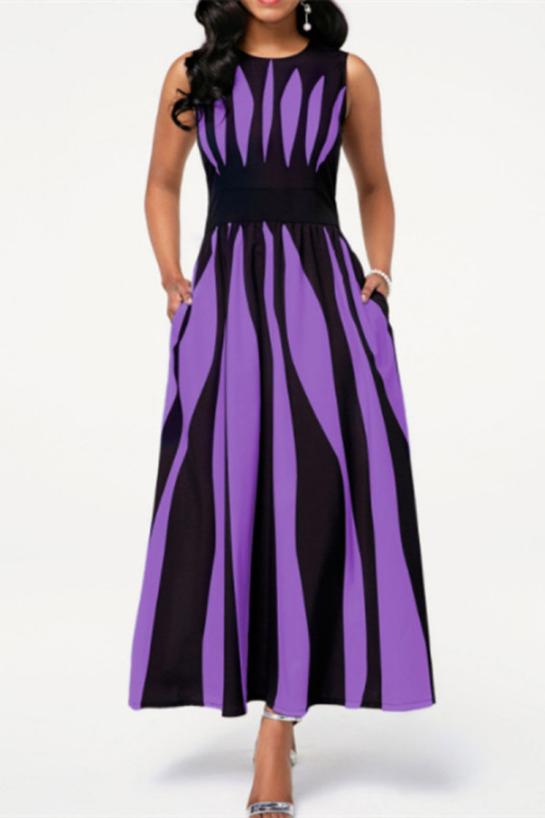 Черное фиолетовое модное повседневное платье без рукавов с принтом в стиле пэчворк и круглым вырезом