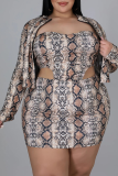 Snake Print Sexy Animal Print Hollowed Out Cardigan Collar Pencil Skirt Plus Size Two Pieces