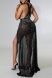 Black Solid Patchwork See-through Slit Hot Drill Halter Straight Dresses