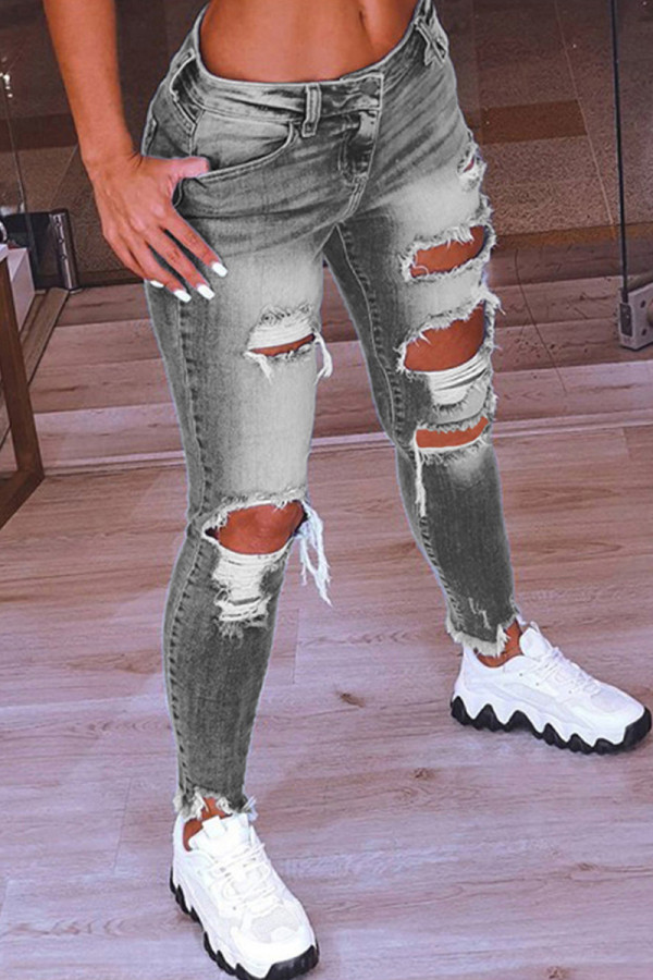 Grå Mode Casual Solid Ripped Låg Midja Skinny Denim Jeans