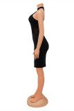 Schwarzes, modisches, sexy, festes, durchsichtiges, durchsichtiges Patchwork-Kleid mit halbem Rollkragen
