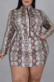 Snake Print Sexy Animal Print Hollowed Out Cardigan Collar Pencil Skirt Plus Size Two Pieces