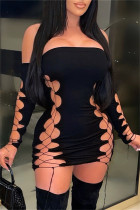 Zwarte mode sexy effen bandage uitgeholde rugloze uit de schouder jurken met lange mouwen