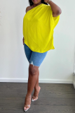 T-shirts à une épaule en patchwork uni à la mode jaune