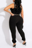 Zwarte sexy casual print backless vierkante kraag plus size jumpsuits