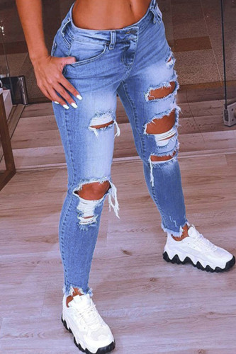 Baby Blue Fashion Casual Solid Ripped Low Waist Skinny Denim Jeans