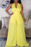 Yellow Fashion Casual Solid Bandage Patchwork Backless Halter Regular Jumpsuits