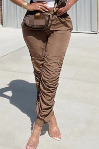 Brown Fashion Casual Solid Fold Regular High Waist Trousers