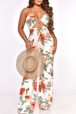 White Casual Vacation Print Hollowed Out Patchwork Halter Straight Jumpsuits