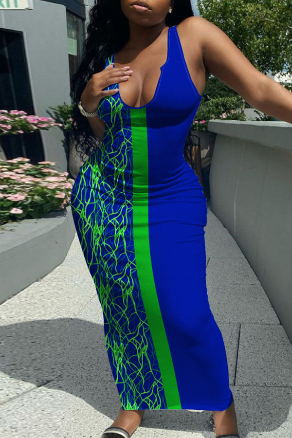 Синее модное сексуальное платье с жилетом больших размеров с принтом и U-образным вырезом