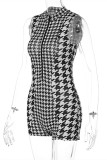 Черный модный сексуальный узкий комбинезон с круглым вырезом и принтом в стиле пэчворк