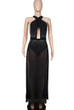Black Solid Patchwork See-through Slit Hot Drill Halter Straight Dresses