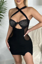 Черное сексуальное лоскутное горячее выдолбленное прозрачное платье без рукавов с открытой спиной на тонких бретелях
