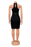 Schwarzes, modisches, sexy, festes, durchsichtiges, durchsichtiges Patchwork-Kleid mit halbem Rollkragen