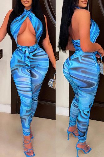 Blue Sexy Print Patchwork Halter Regular Jumpsuits