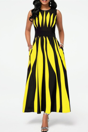 Black Yellow Fashion Casual Print Patchwork O Neck Sleeveless Dress