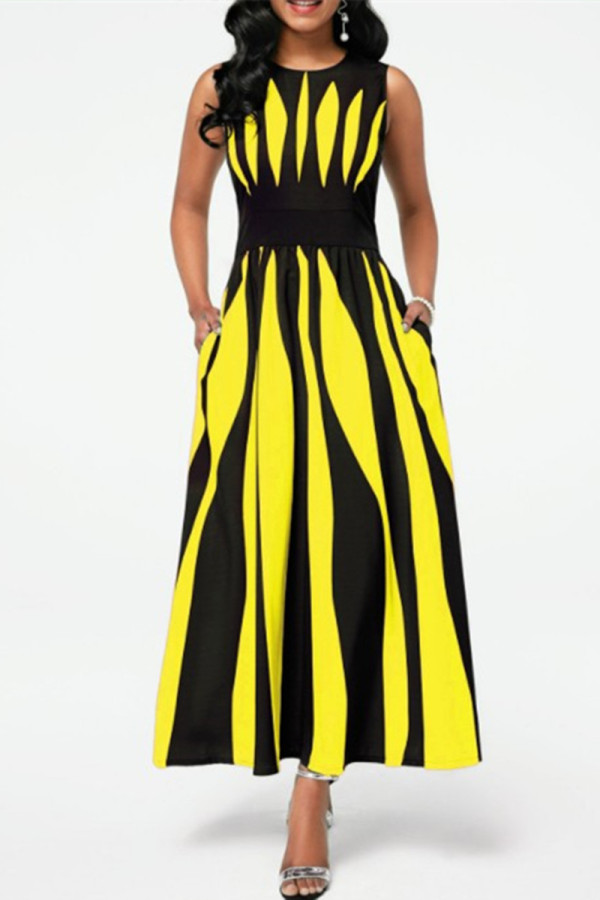Schwarz-gelbes, modisches, lässiges Patchwork-Kleid mit O-Ausschnitt und ärmellosem Print