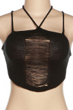 Black Sexy Solid Hollowed Out Patchwork Halter Tops